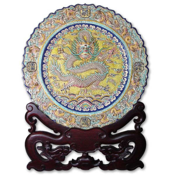 【未使用】交趾陶　交趾焼　鹿港窯　九龍盤 鹿港窯禮品館｜龍從雲而天下昇平27cm九龍盤