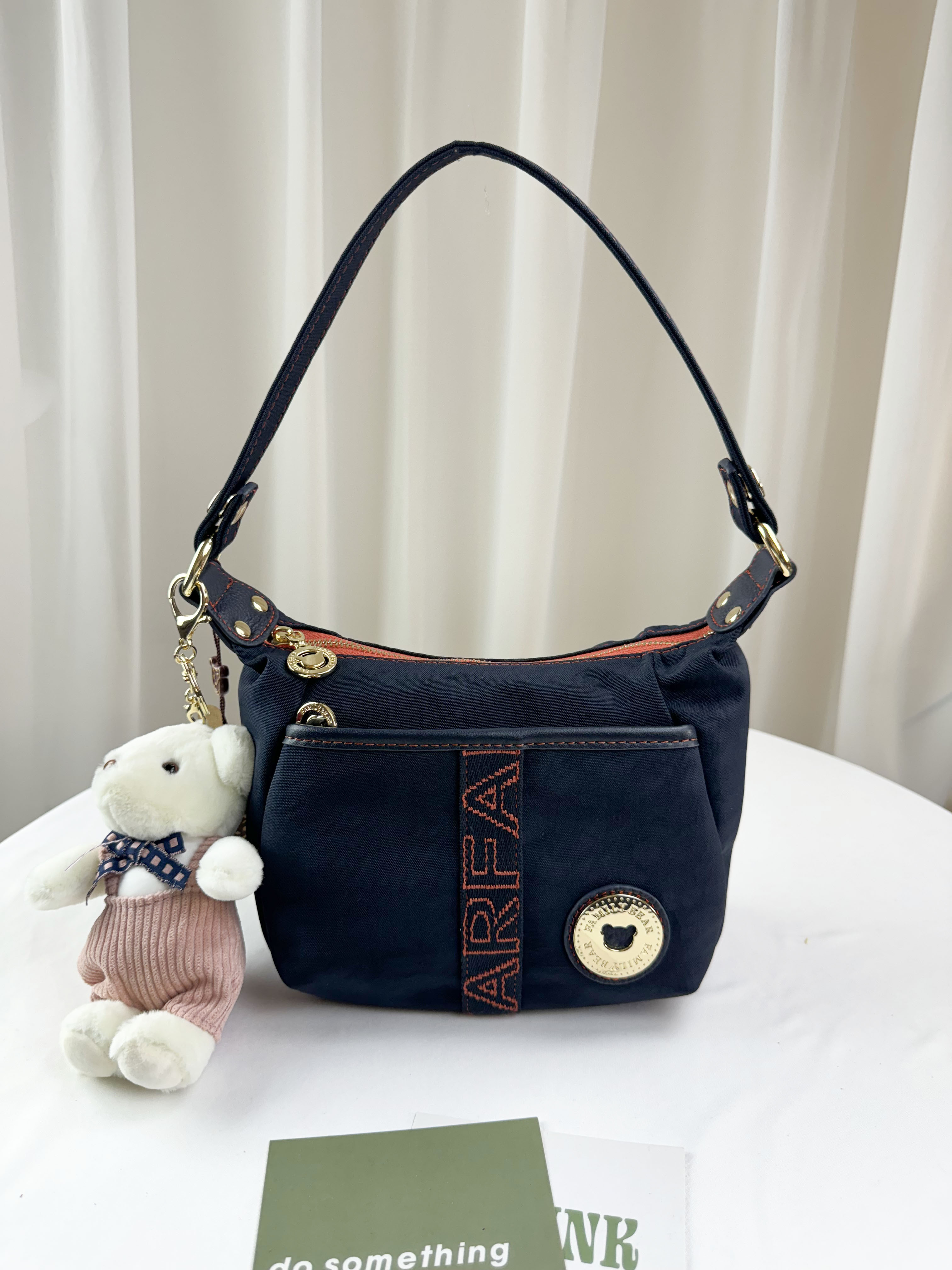 FamilyBear 藍橙織帶防潑水肩背包 / 側背包 附兔兔吊飾  #2503