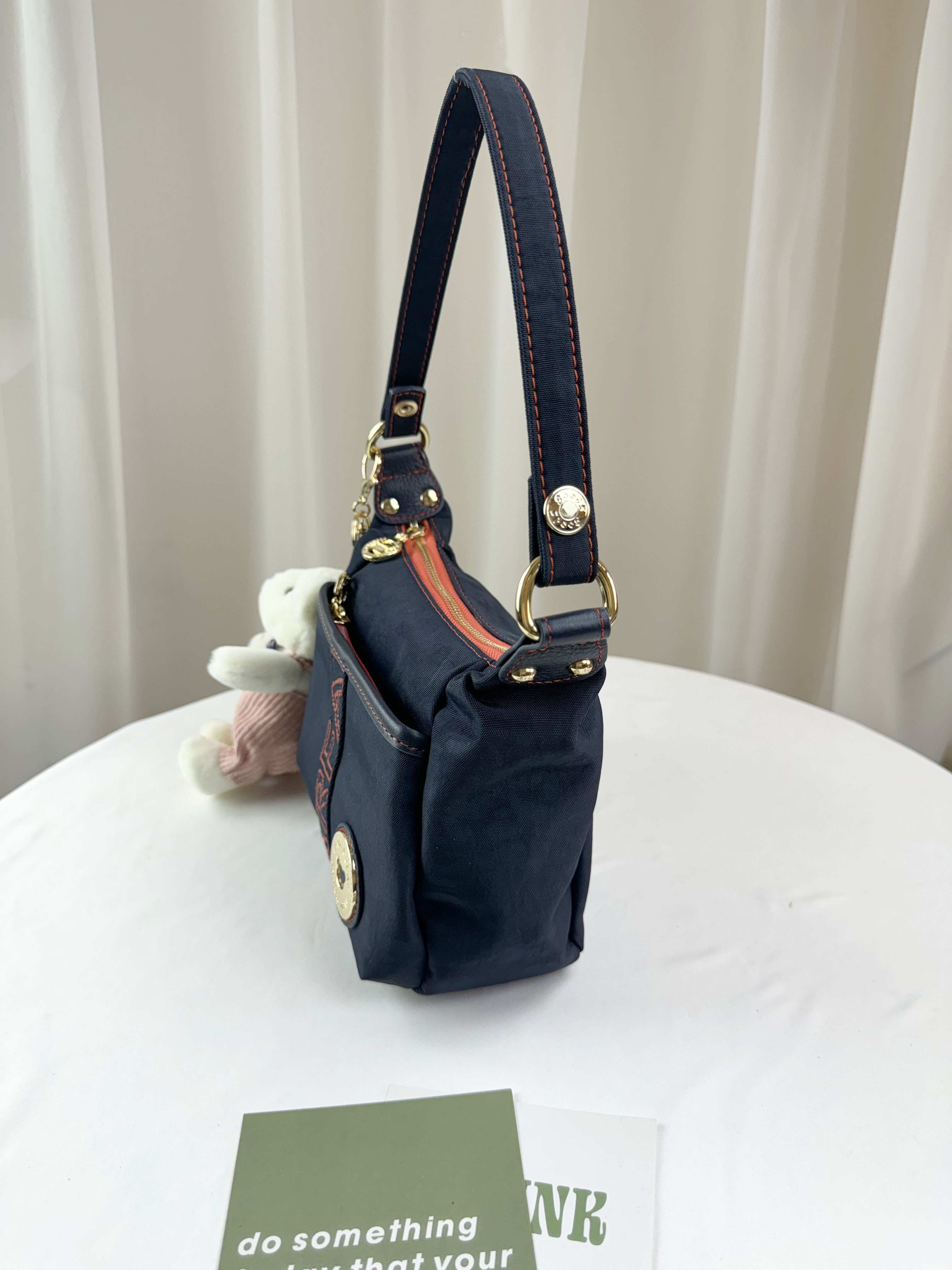 FamilyBear 藍橙織帶防潑水肩背包 / 側背包 附兔兔吊飾  #2503