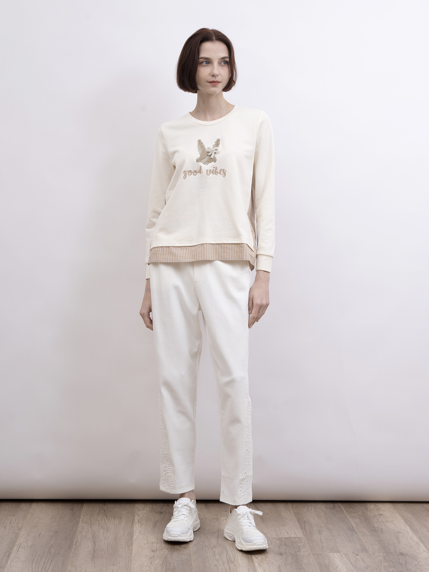 mi-tu 圖案拼接條紋布衛衣