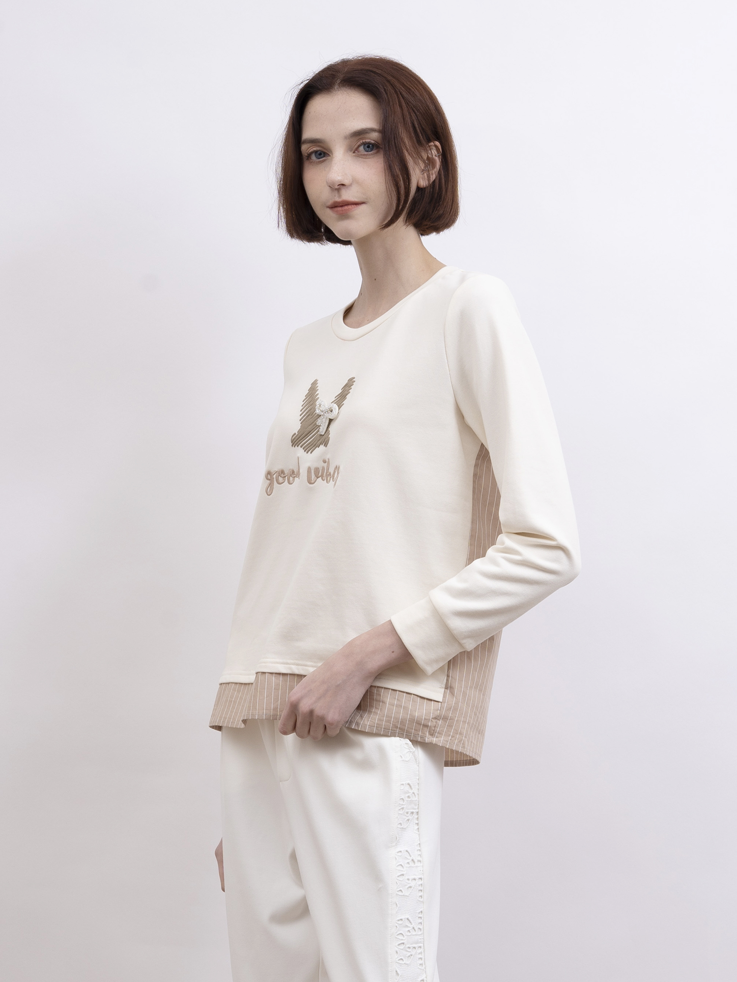 mi-tu 圖案拼接條紋布衛衣