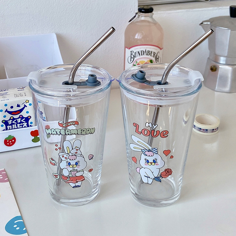《3237》萌兔兔透明玻璃吸管杯400ML