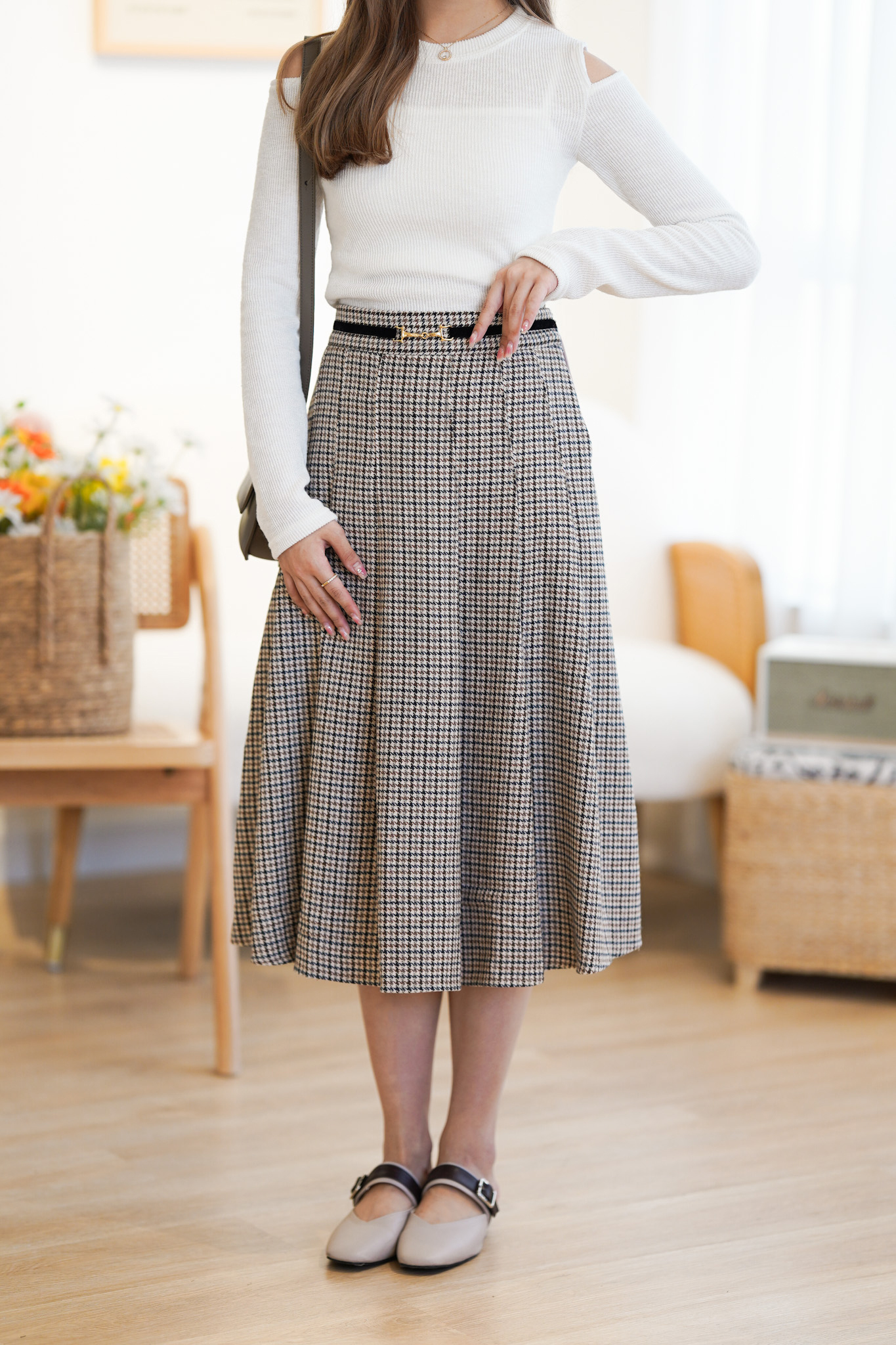 SK372 Houndstooth Belted Long Skirt