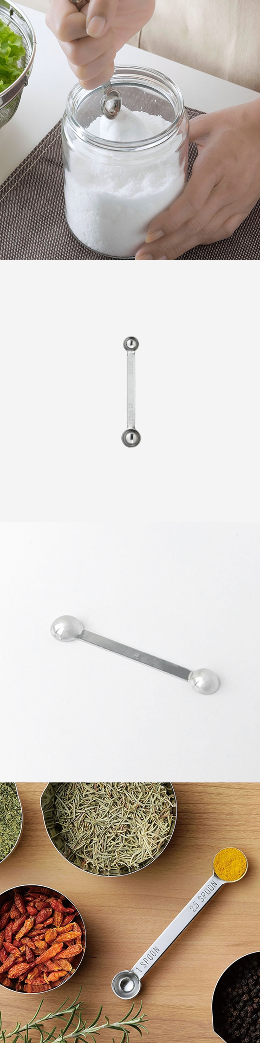 可計量1cc或1/2茶匙等的少量計量。 採用板厚1.5mm堅固耐用，連凝固的鹽或砂糖都可以搗碎挖取，握把處皆不易彎曲好拿取。