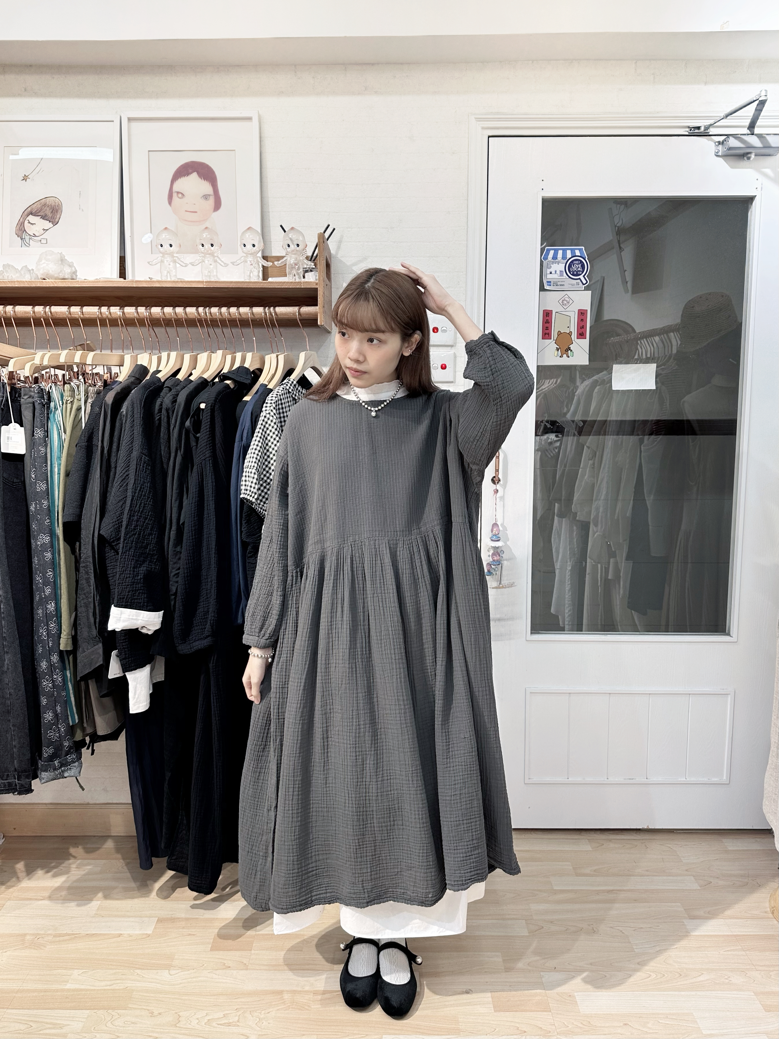 直紋布拼BB棉長袖OP