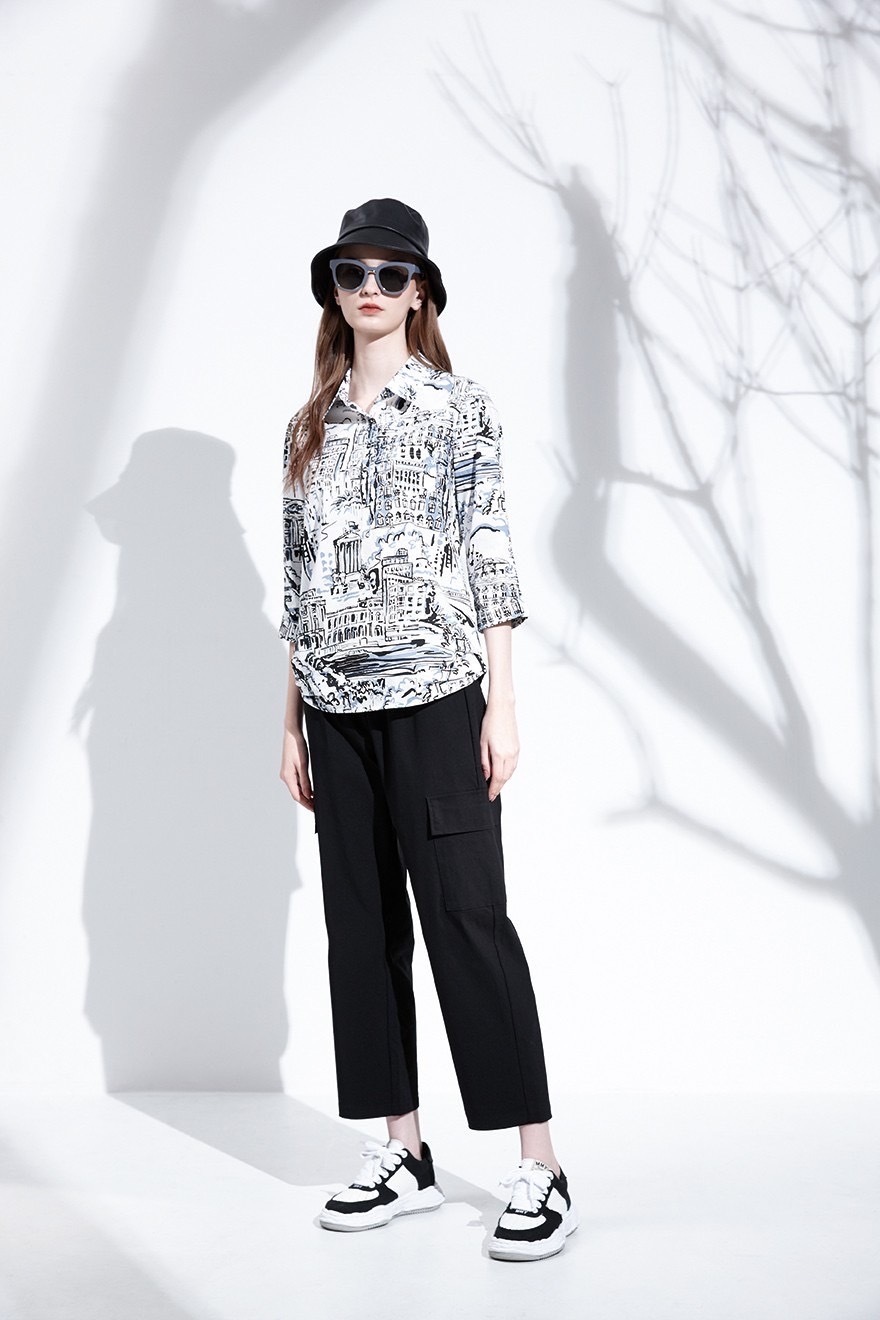 時尚休閒工裝貼口袋修身顯瘦寬管褲T6171