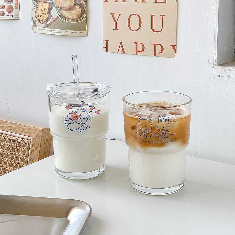 《2778》少女心花間兔兔透明吸管玻璃杯400ML