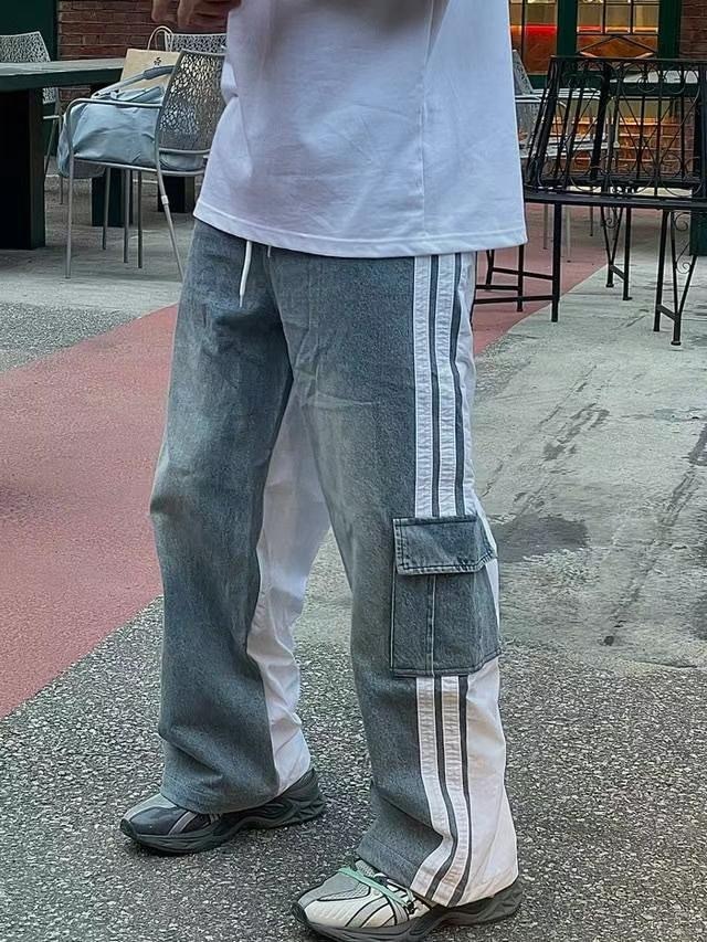 🇰🇷韓國 線條 單寧 異材質 拼接 長褲
