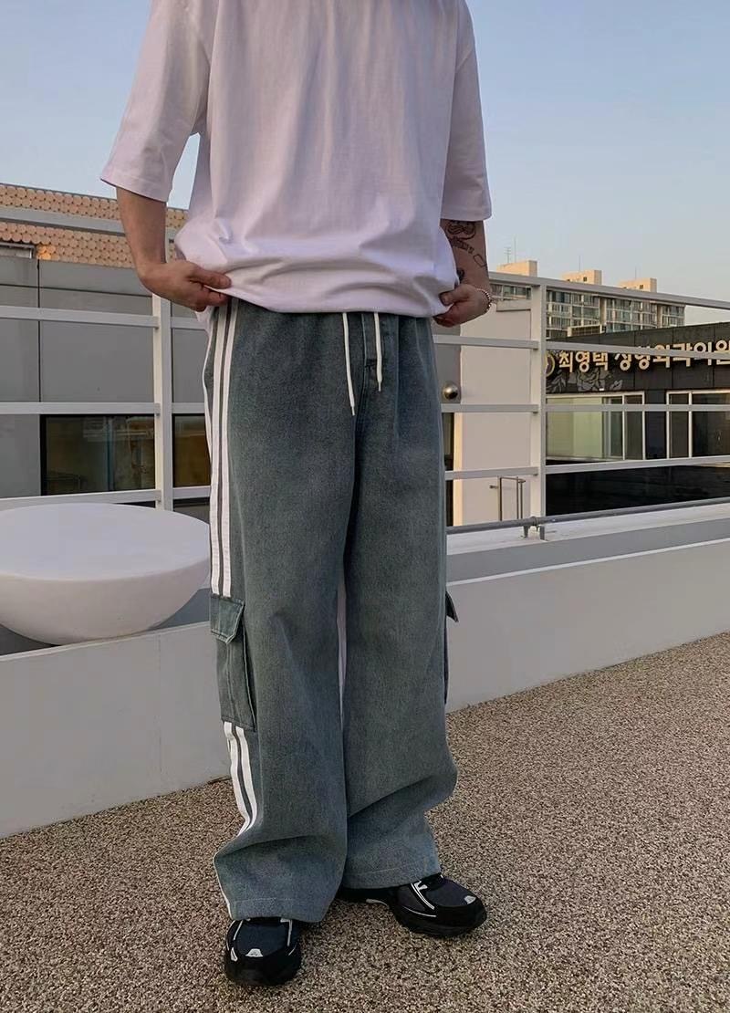 🇰🇷韓國 線條 單寧 異材質 拼接 長褲