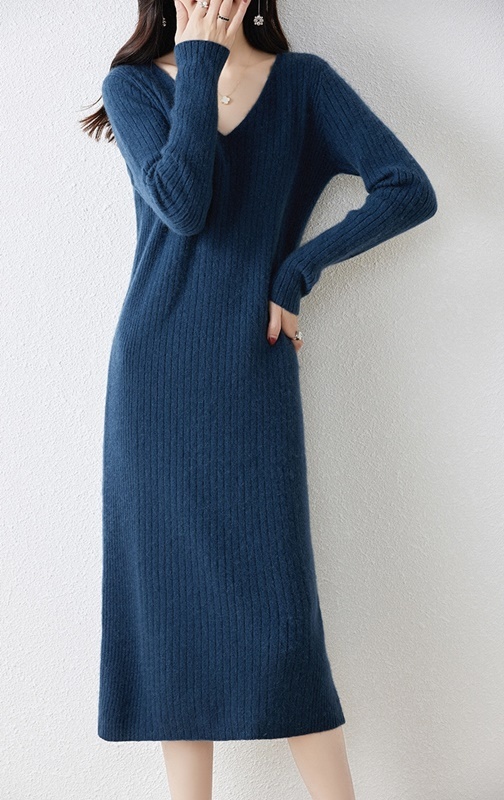 V領坑條羊毛針織洋裝 七色