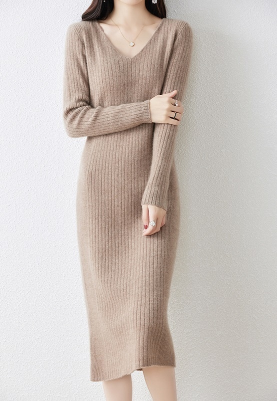 V領坑條羊毛針織洋裝 七色