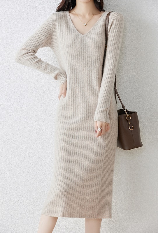 V領坑條羊毛針織洋裝 七色