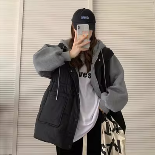 假兩件拼接棉服外套