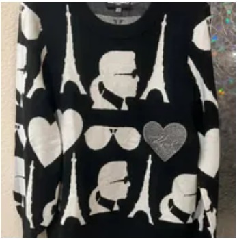 [S] KARL LAGERFELD ICONIC LOGO PUFF SLEEVE SWEATER,BLACK/SOFT WHITE, L3ZSS772-XSF (SKL790)