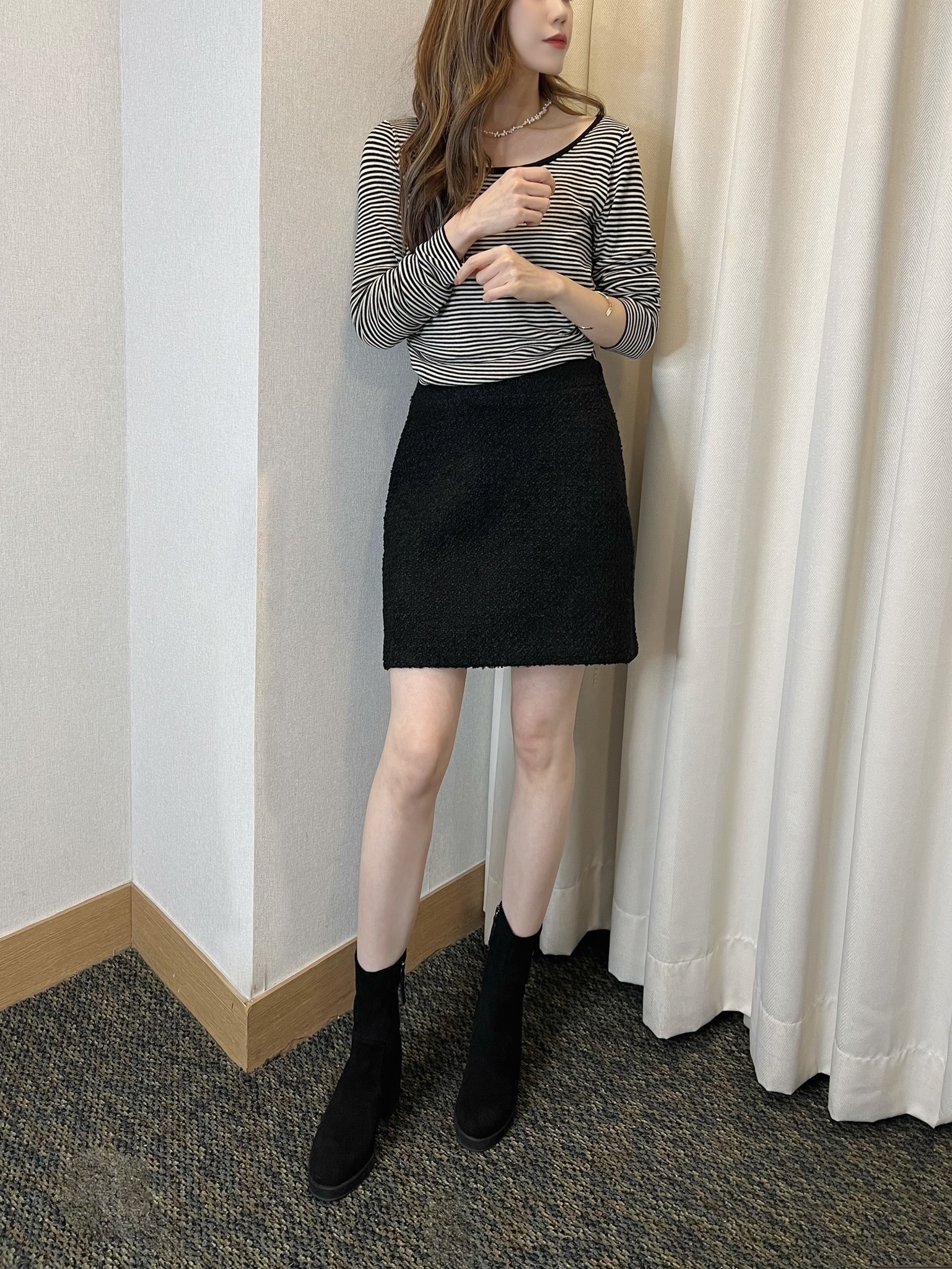 斜肩拼接兩件式棉料上衣