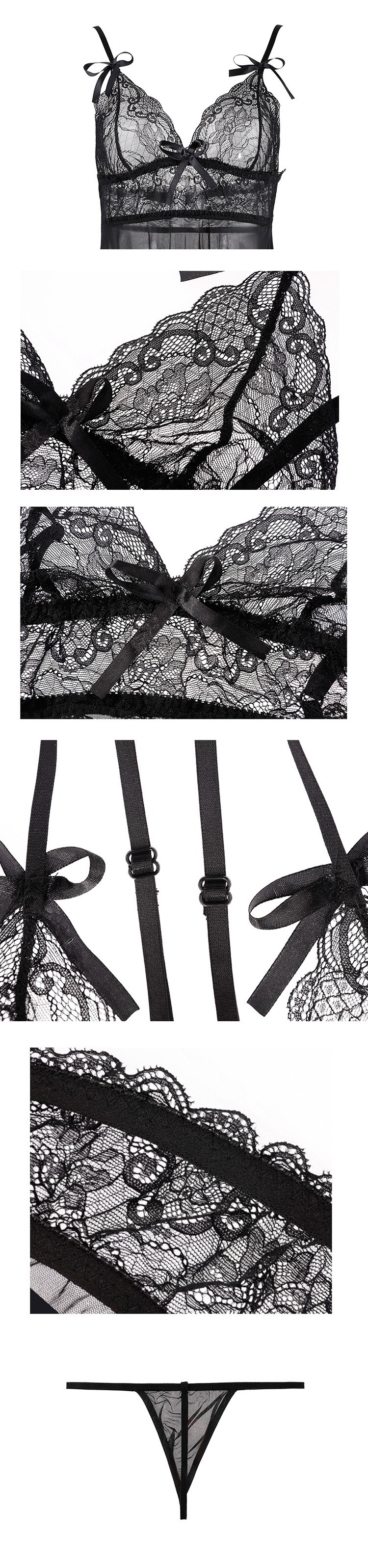 L7891 深V蝴蝶結蕾絲透紗性感睡衣