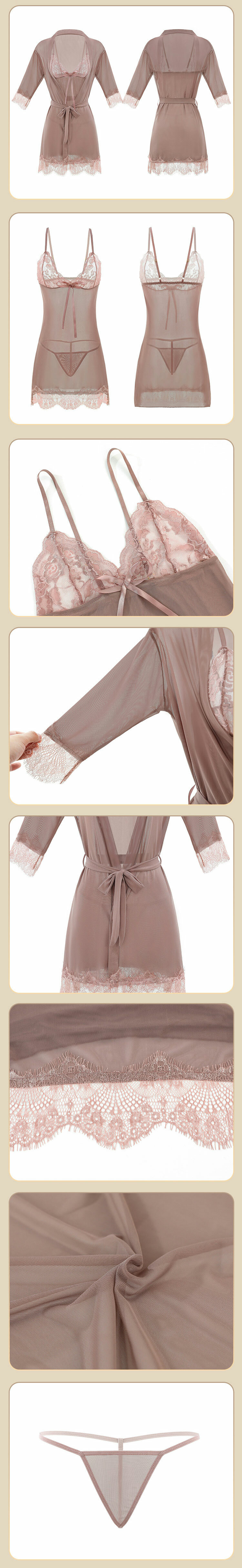 L6643 奶香純欲蕾絲薄紗套裝 豆沙色