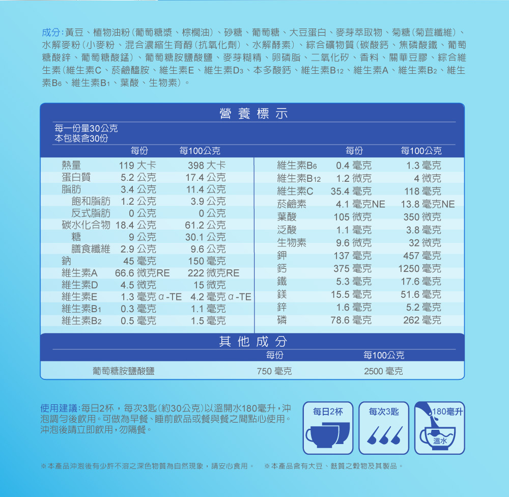 專利素食葡萄糖胺鹽酸鹽1500 高鈣、維生素D，幫助骨骼生長 植物配方，全穀麥粉香氣