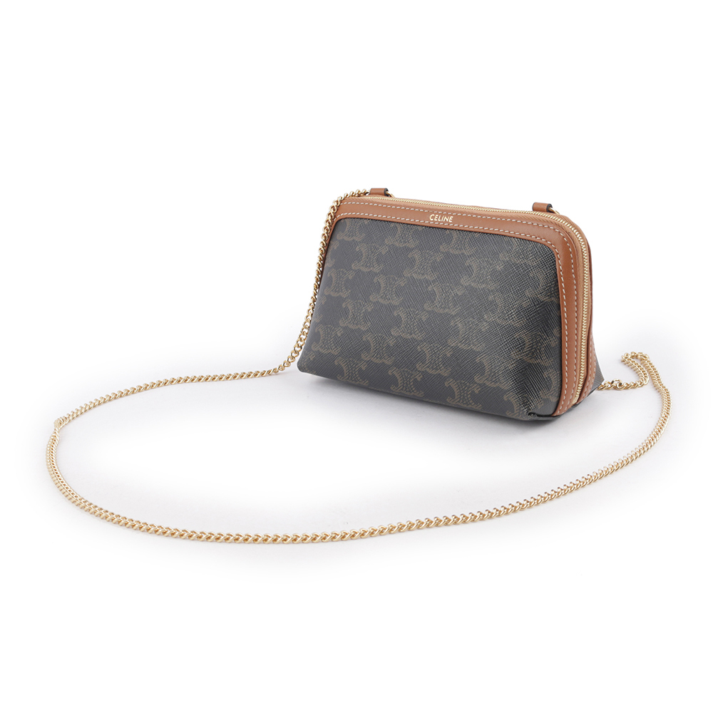 【CELINE】TRIOMPHE Logo 印花鏈帶斜背包(焦糖色) 10E382CBX.04LU