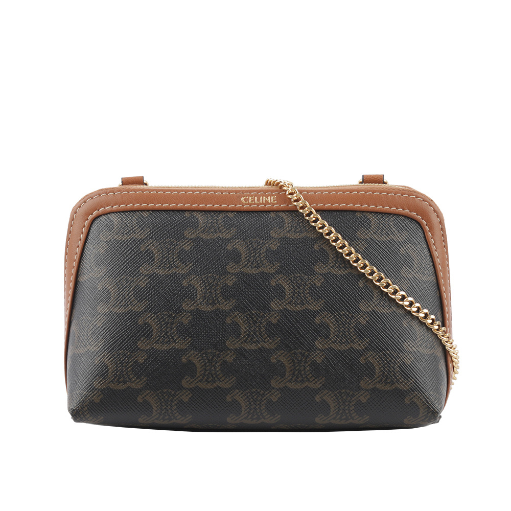 【CELINE】TRIOMPHE Logo 印花鏈帶斜背包(焦糖色) 10E382CBX.04LU