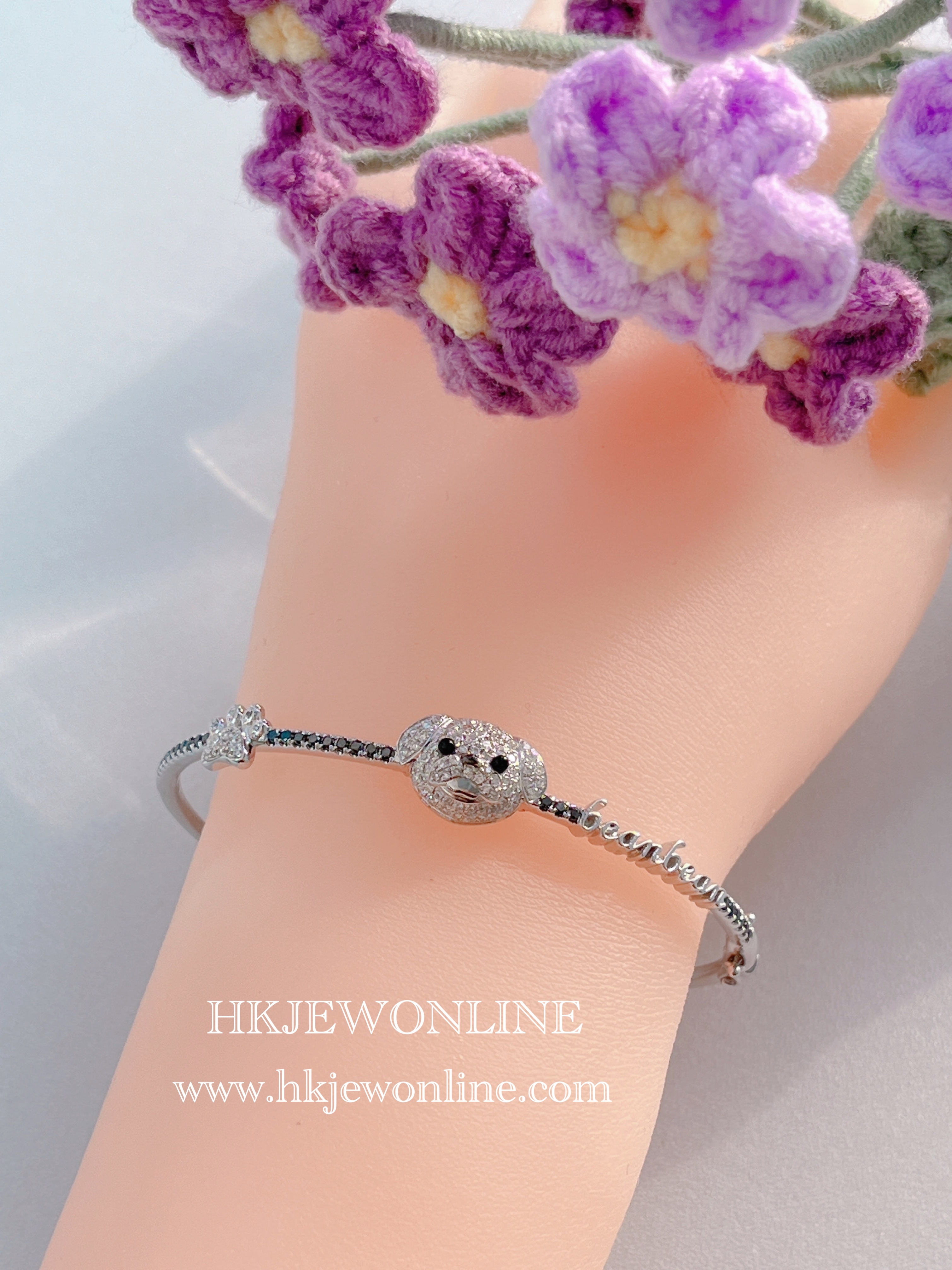 14K White Gold Pekingese Dog Diamond Bangle ( Special Order )