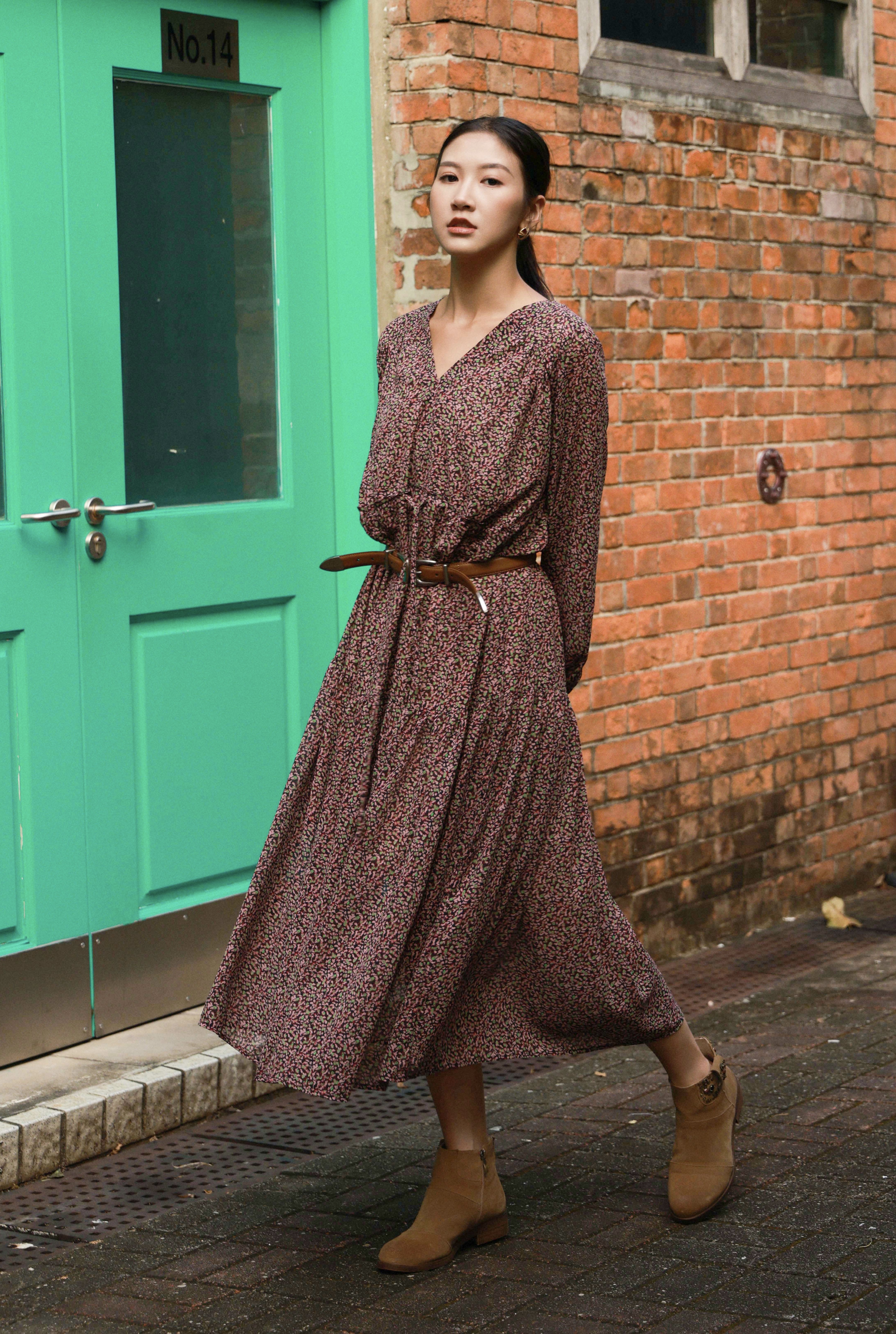 小碎花束腰雪紡連身裙（現貨款式）