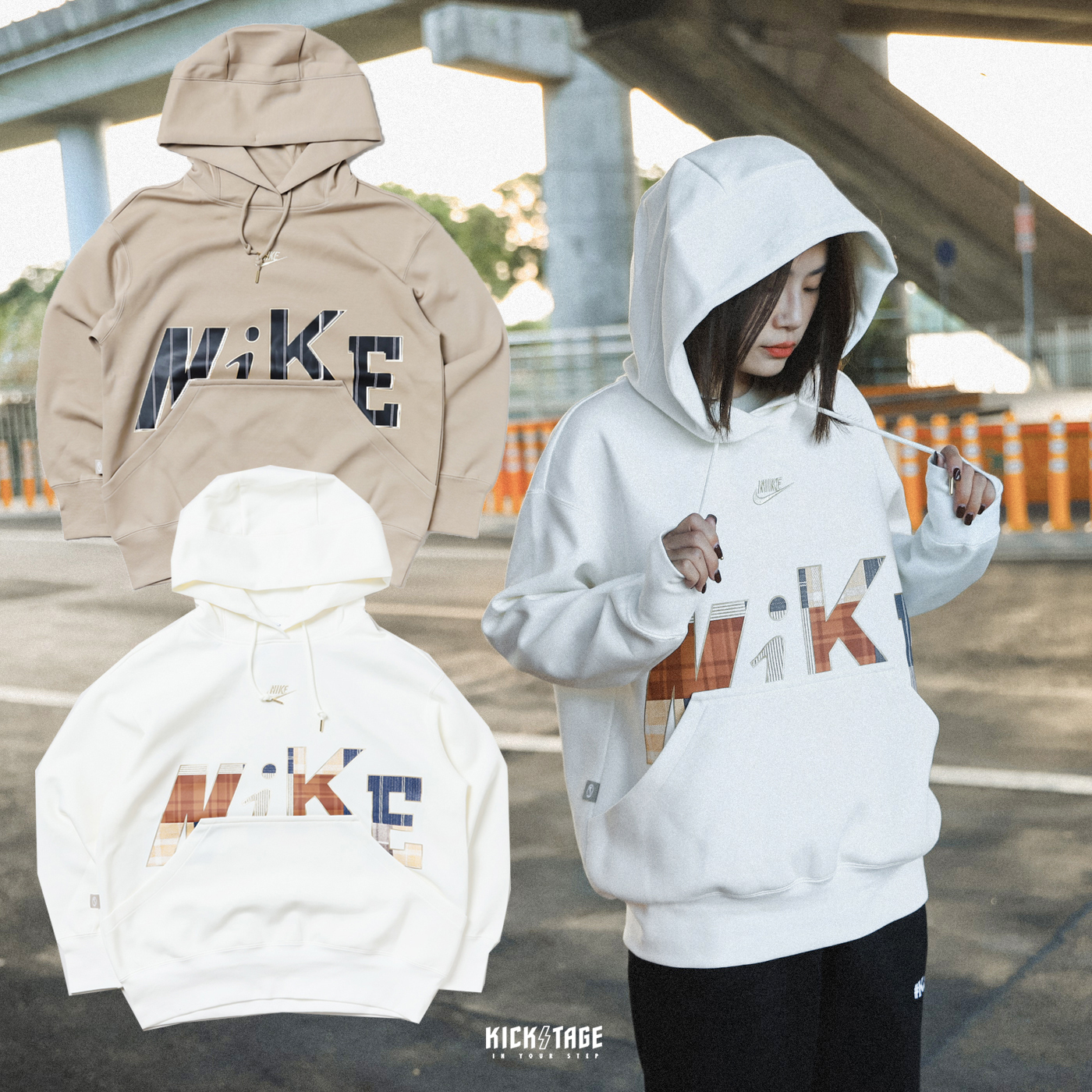 *特價商品售出不退換*女款 NIKE NSW HOODIE 棕色 白色 拼接字樣 格紋 休閒 寬鬆 長袖 帽T【FV3977】
