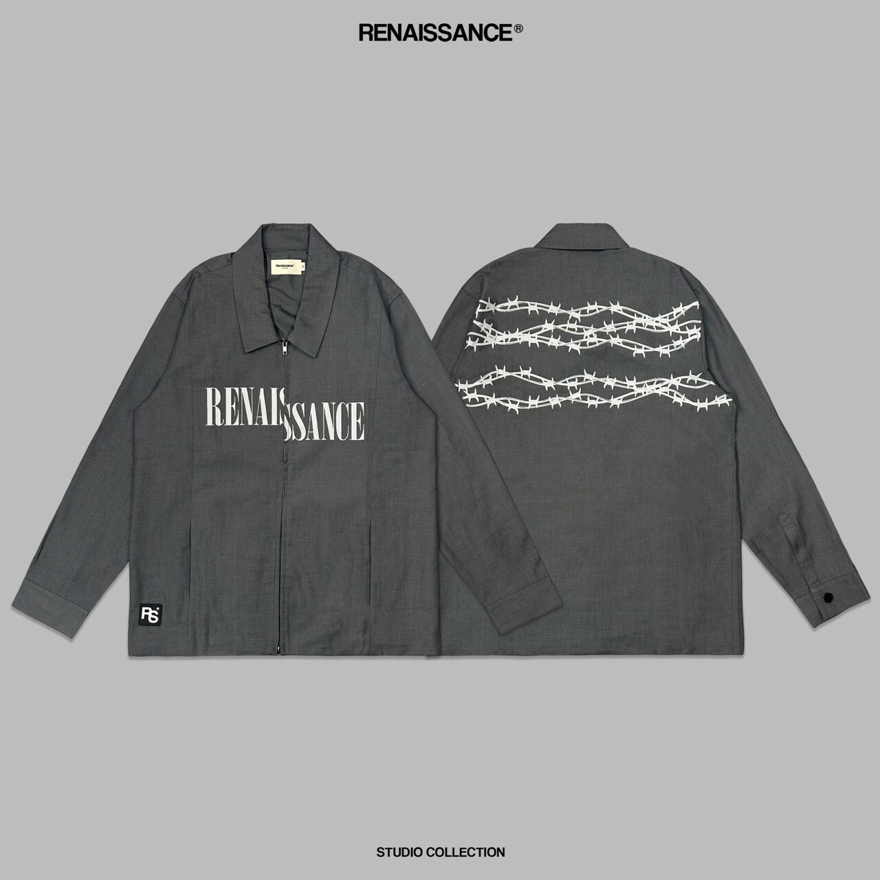 RENAISSANCE 質感灰 荊棘 切割字體Logo 解構雙拉鍊襯衫外套 ‘’ Thorn Double Zip Jacket ‘’