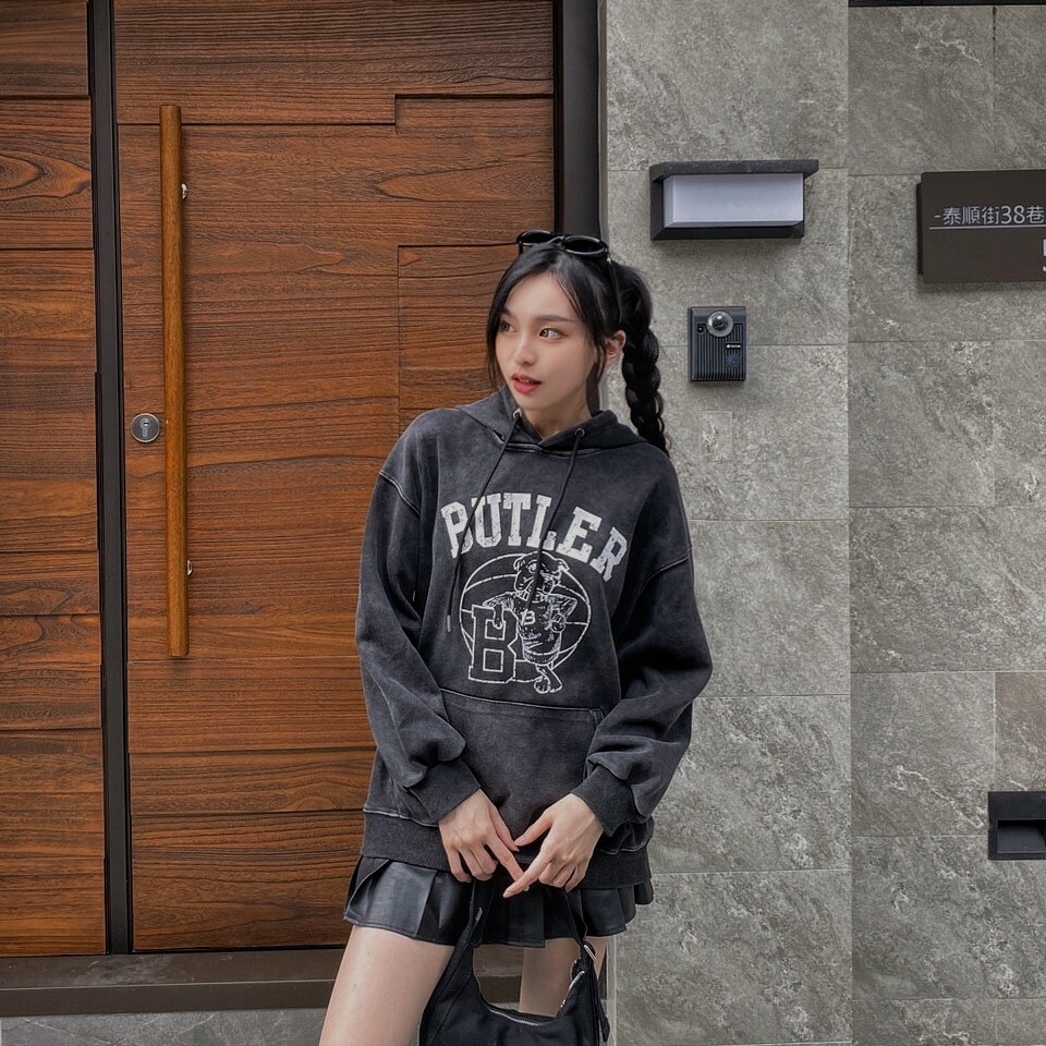 洗舊復古灰黑帽T/二款