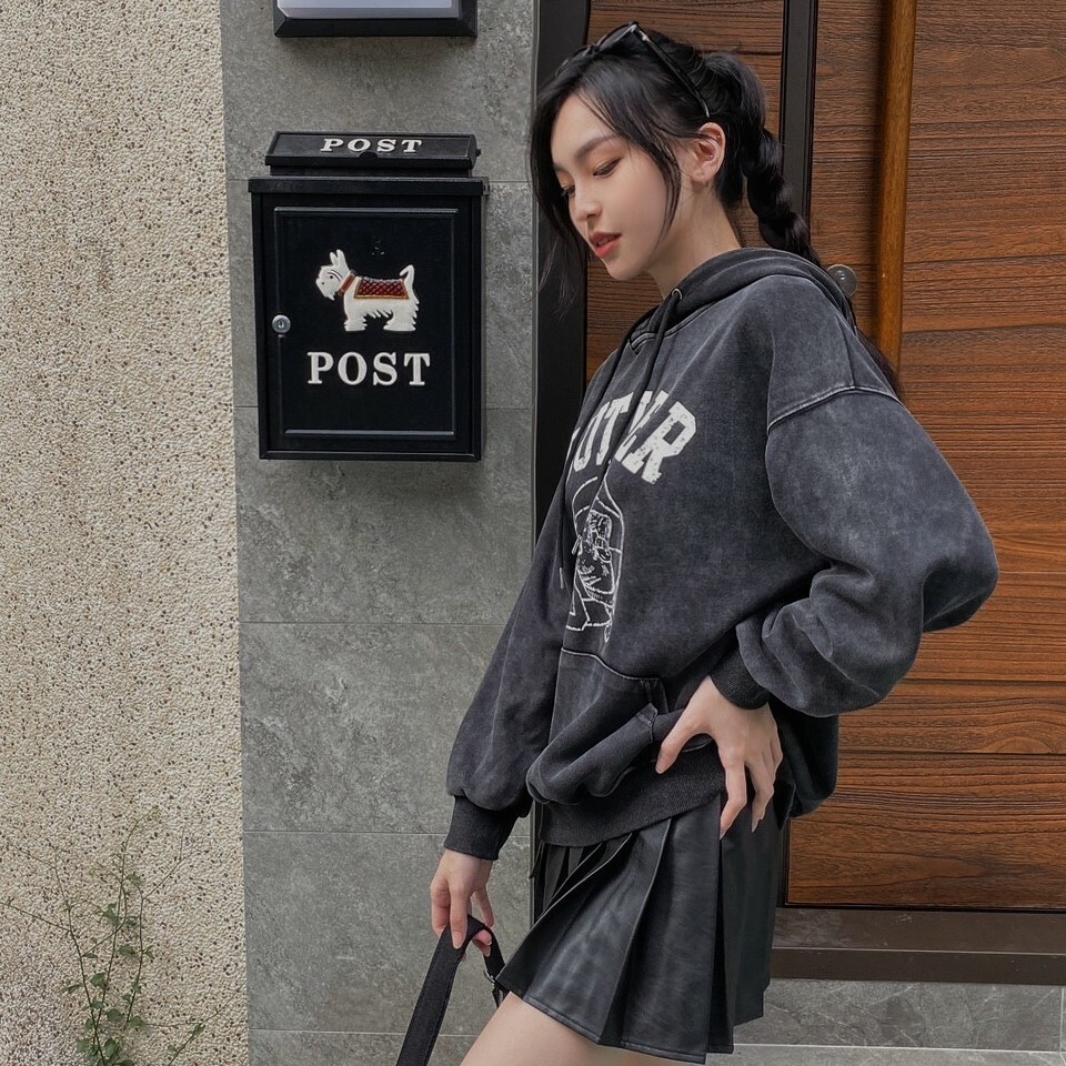 洗舊復古灰黑帽T/二款