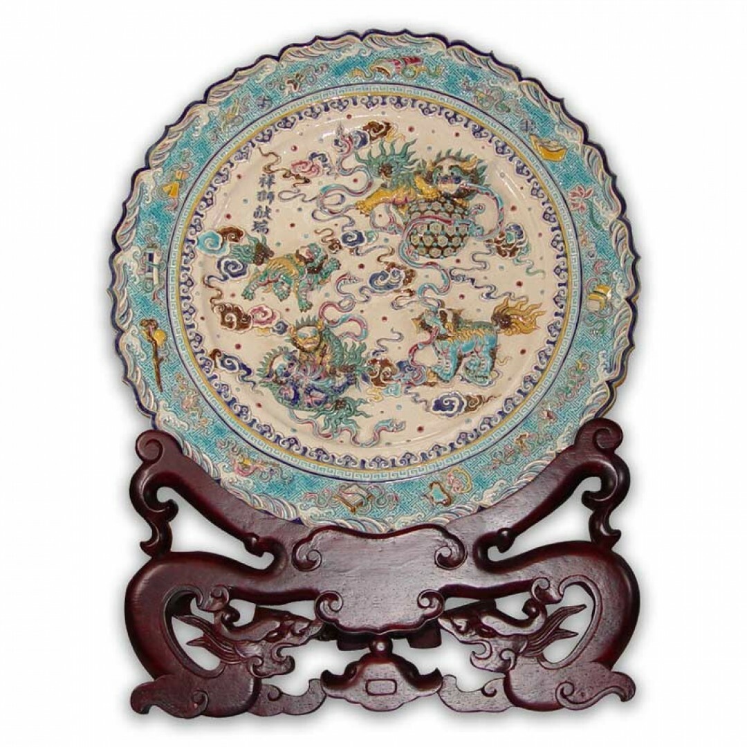 台灣國寶交趾陶｜五 舞獅獻瑞大盤