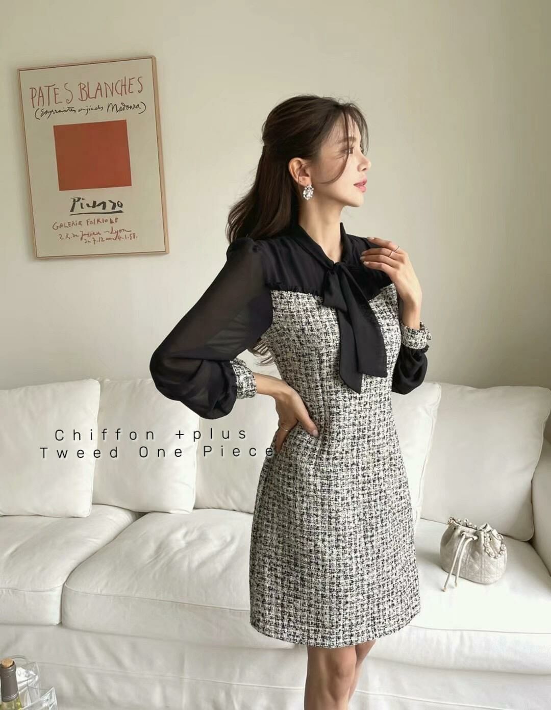 OP#14210🤎CHIFFON +PLUS TWEED ONE PIECE