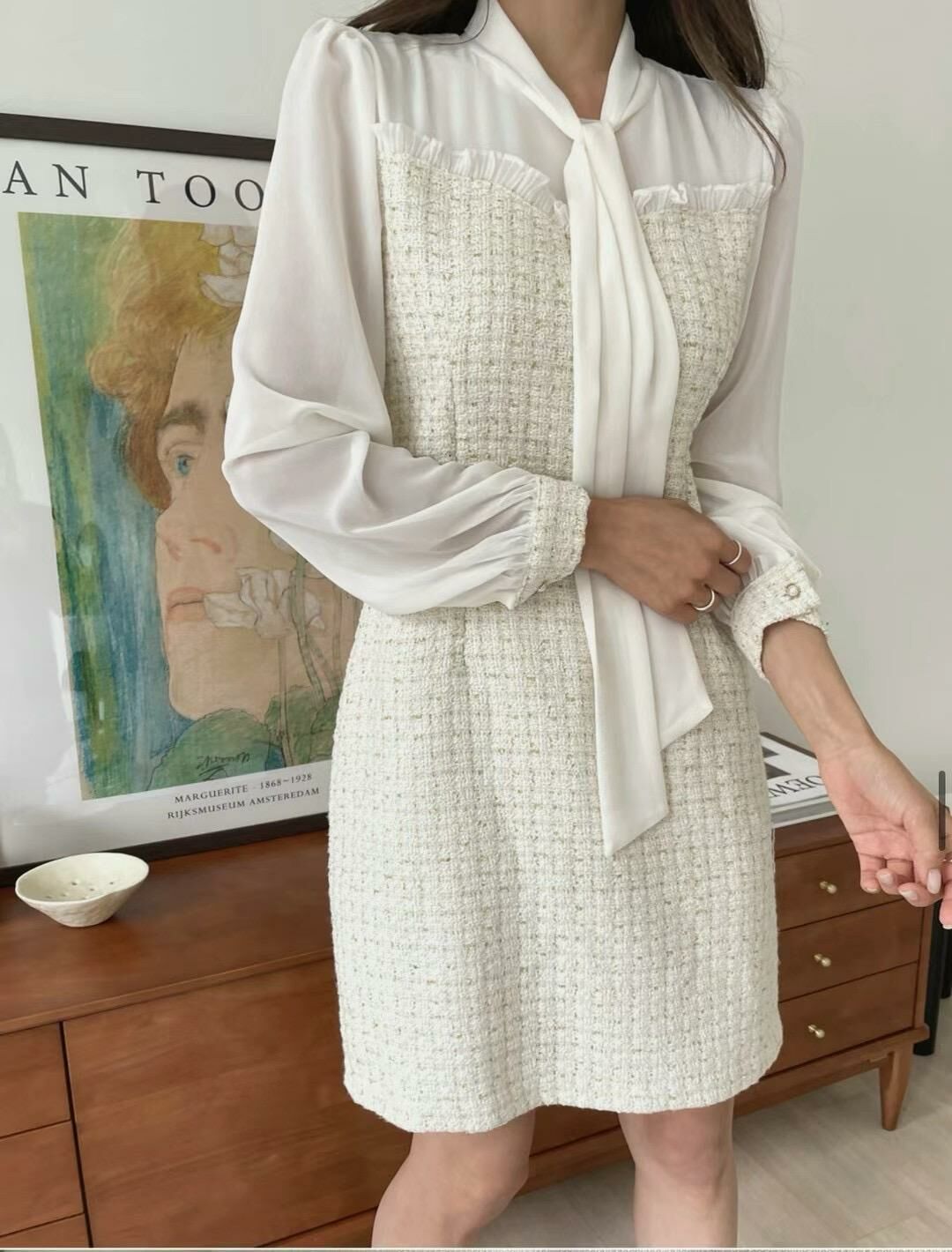 OP#14210🤎CHIFFON +PLUS TWEED ONE PIECE