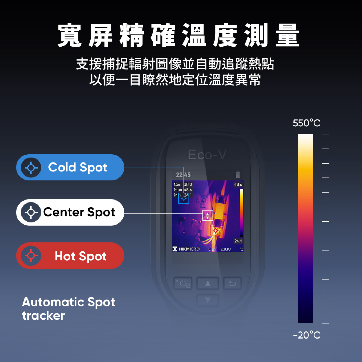 寬平精確溫度測量：支援捕捉輻射圖像並自動追蹤熱點以便一目了然的定位溫度異常。