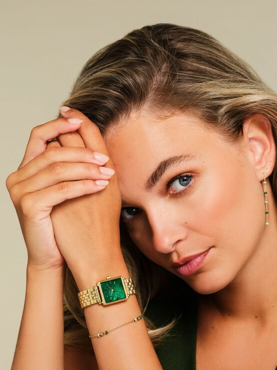 萬年鐘錶 -  【ROSEFIELD】  阿姆斯特丹設計師品牌  翡翠綠面金色錶殼不鏽鋼錶帶女錶  BEGSG-Q050  錶徑26 x 28 MM