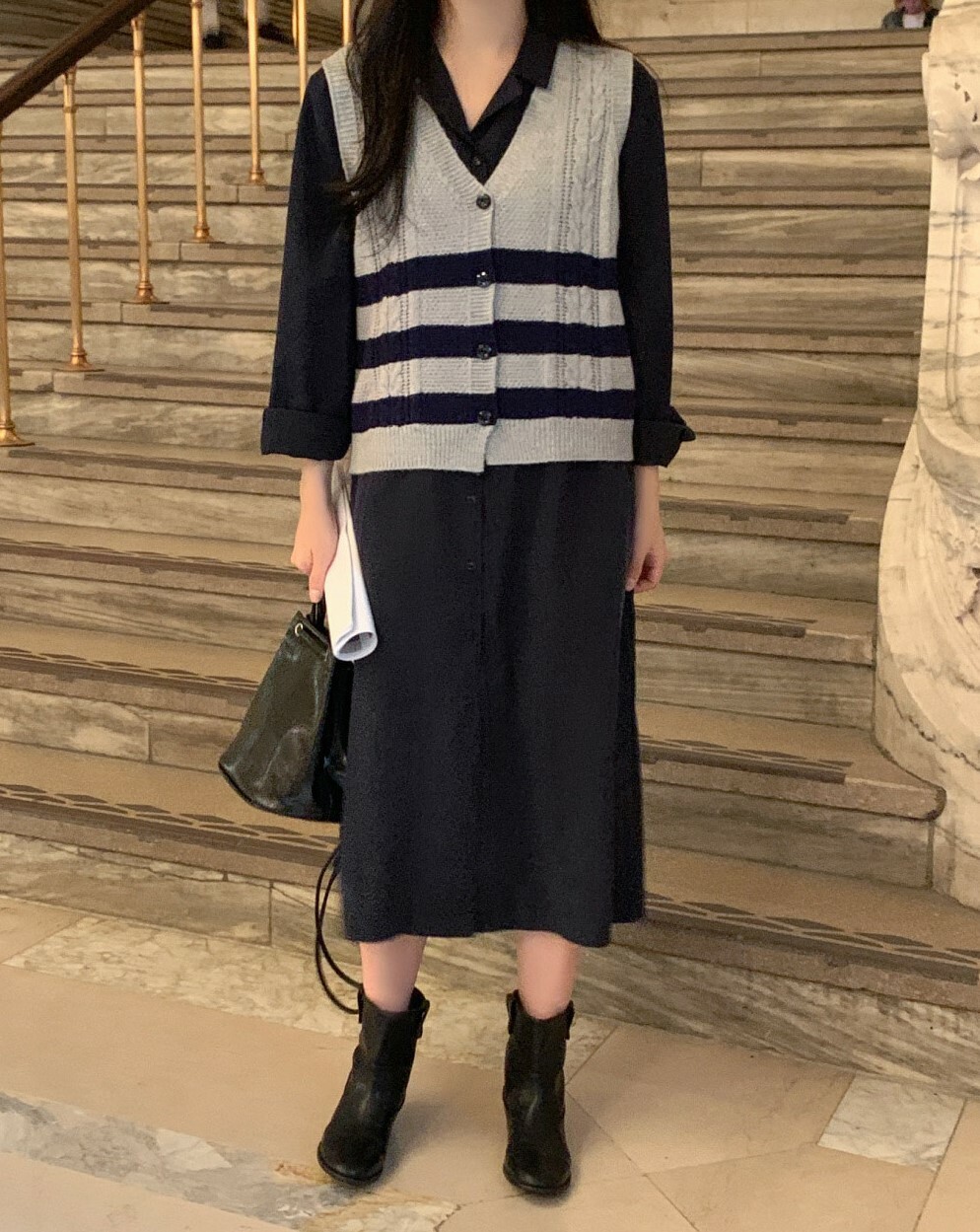 韓國98°C代購  排釦腰綁帶風衣式兩穿長裙【MADE 98°C】系列