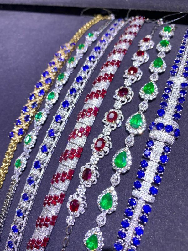 18k 金天然祖母綠/藍寶石/紅寶石手鏈