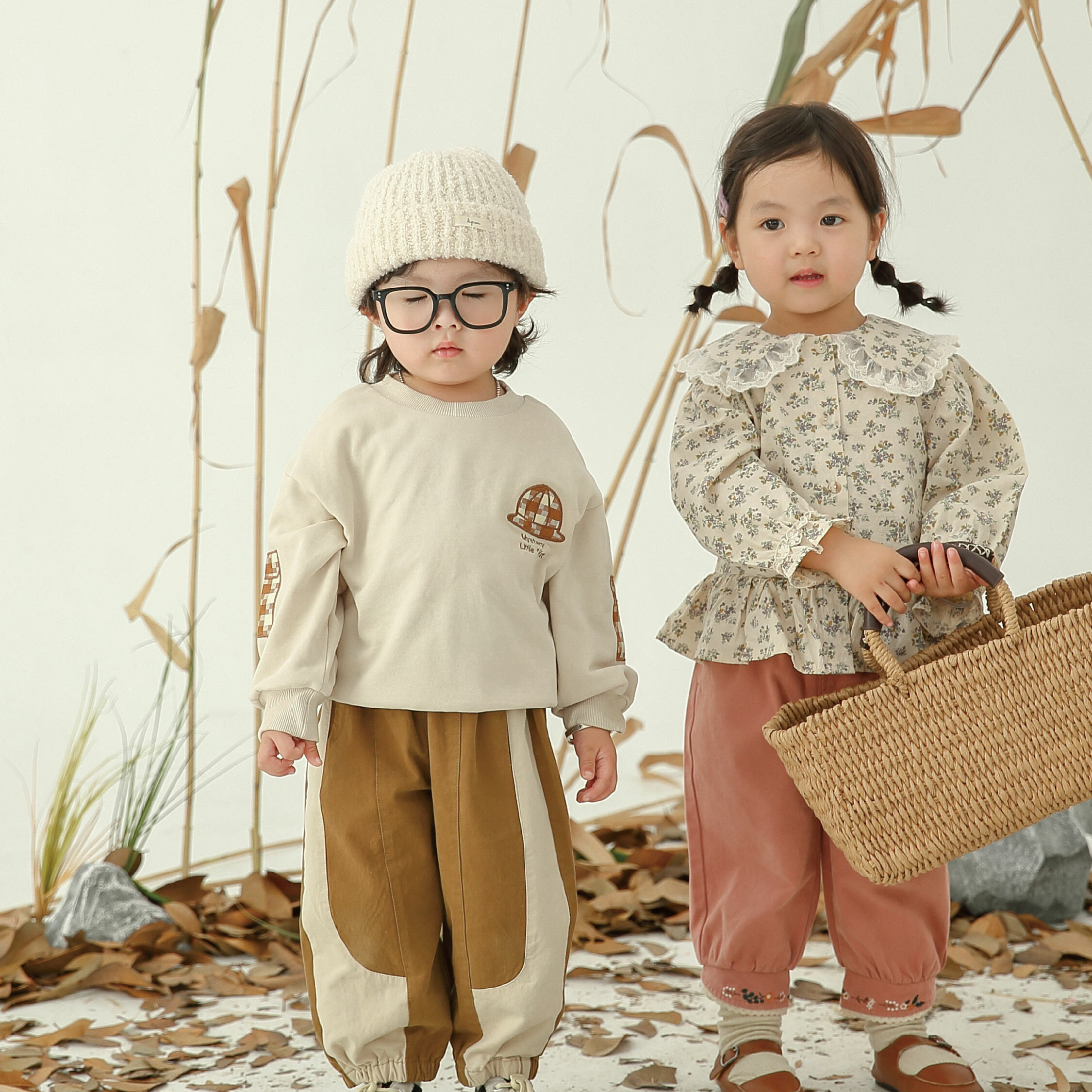 【H35195】格紋帽子刺繡補丁設計上衣