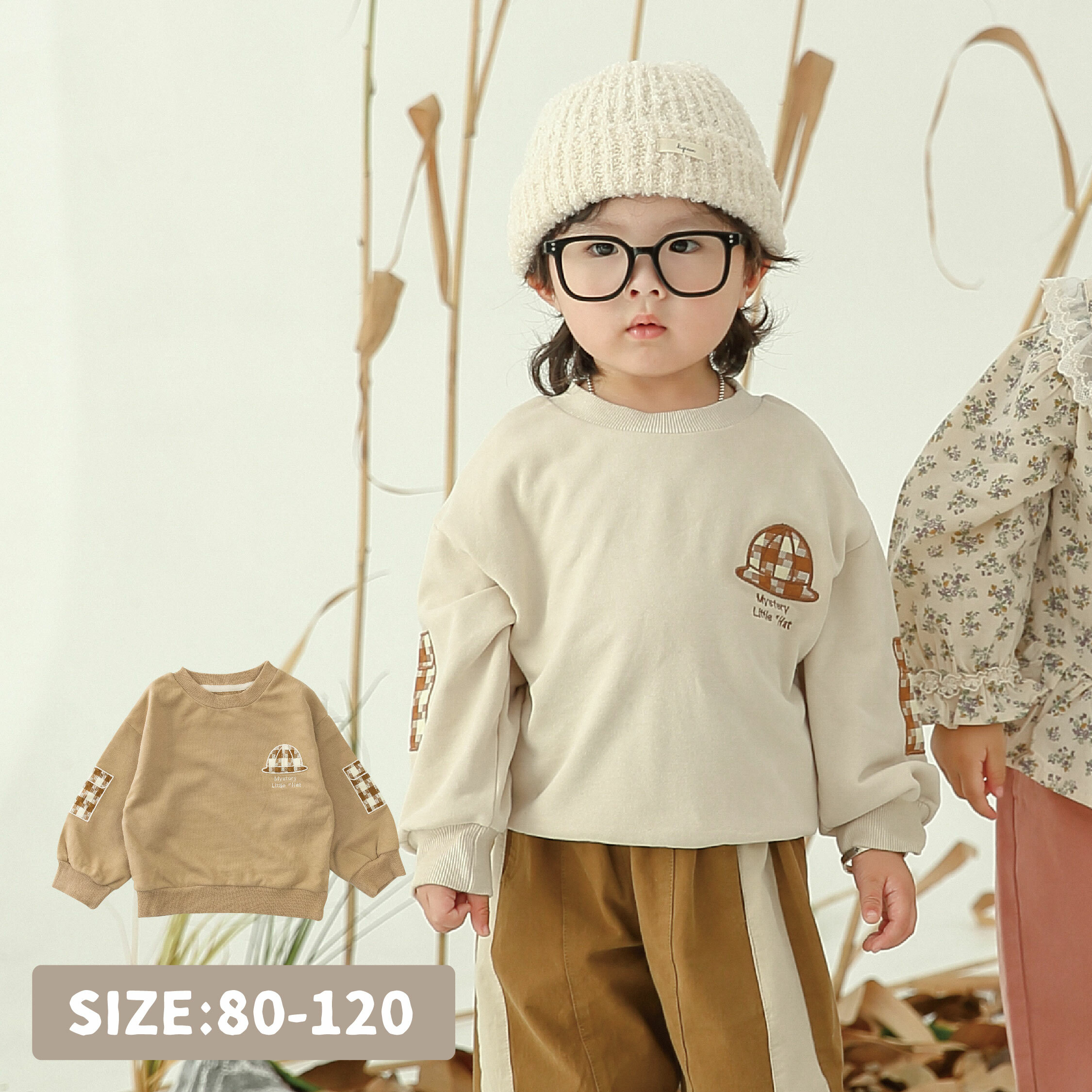 【H35195】格紋帽子刺繡補丁設計上衣