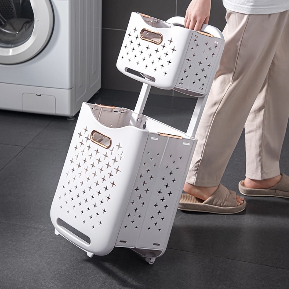 【AOTTO】多功能附輪折疊雙層髒衣籃(AS-019)