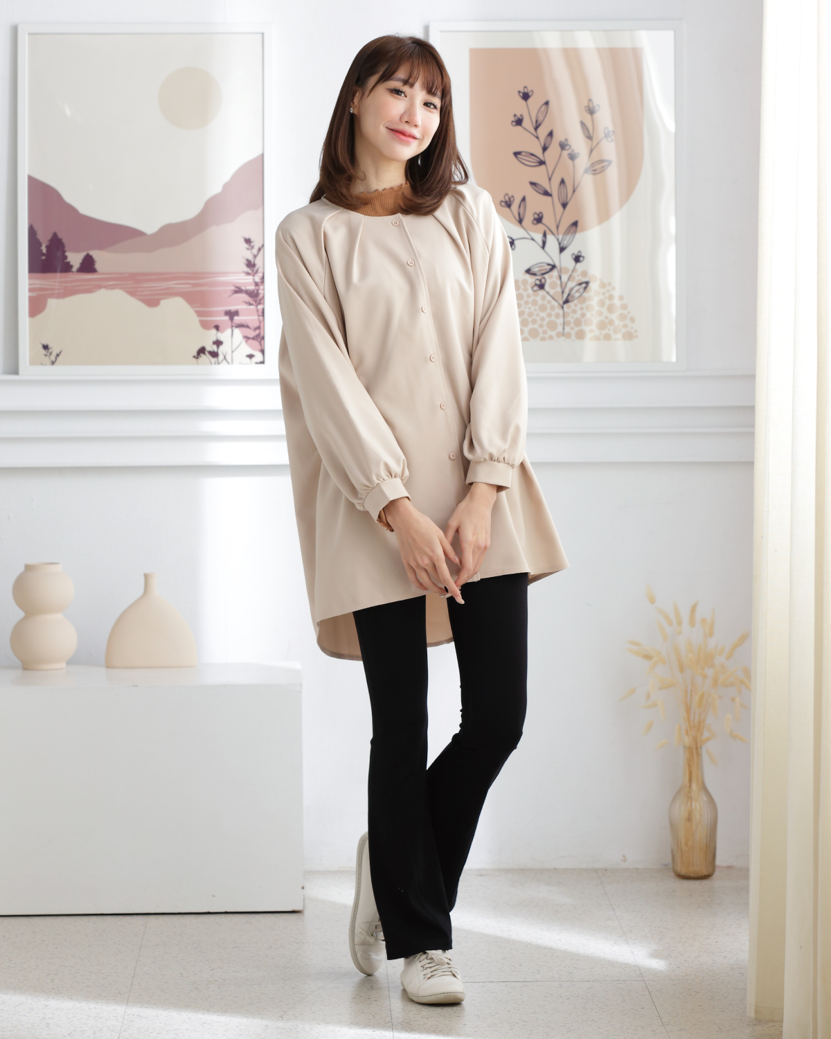 【恬然系列】日系領口抓褶長版襯衫-3色