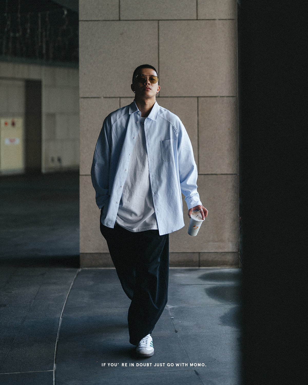 OurPick 日系寬版刺繡條紋長袖襯衫 CS-01