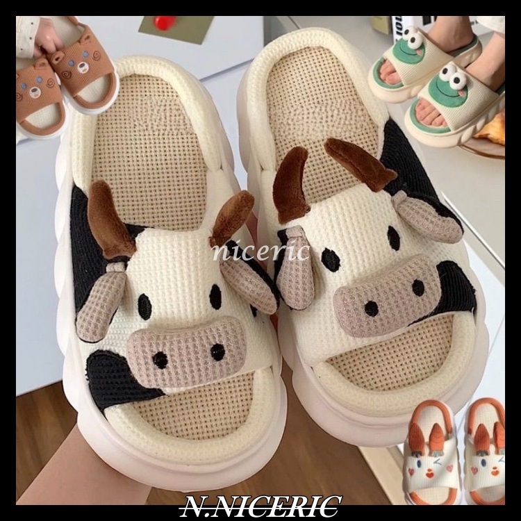 【NICE歐美日韓代購】日系 超可愛奶牛 動物款 亞麻拖鞋 防滑拖鞋 厚底拖鞋 室內拖鞋 室外拖鞋