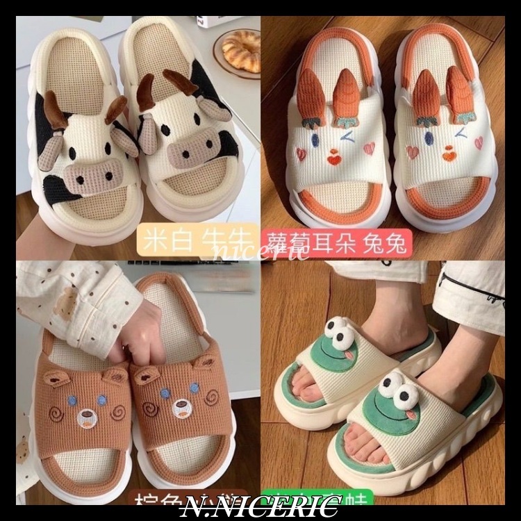 【NICE歐美日韓代購】日系 超可愛奶牛 動物款 亞麻拖鞋 防滑拖鞋 厚底拖鞋 室內拖鞋 室外拖鞋