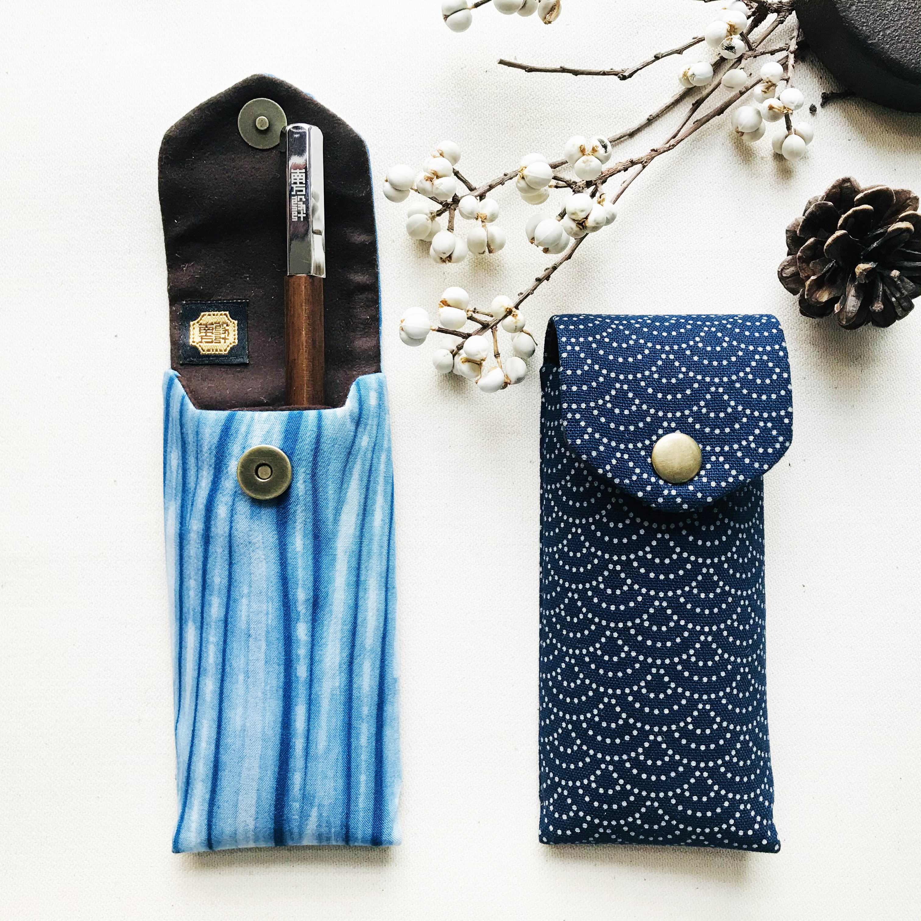 Kyokuhaku 2入硬盒筆袋-藍染/青海波