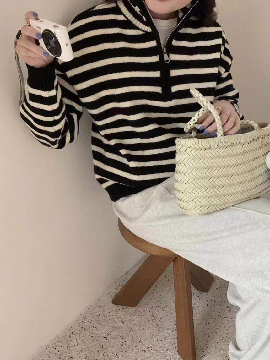 立領滿版條紋針織上衣*4色