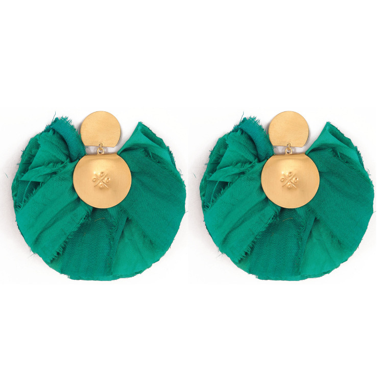 扇形花朵真絲耳環-翡翠綠