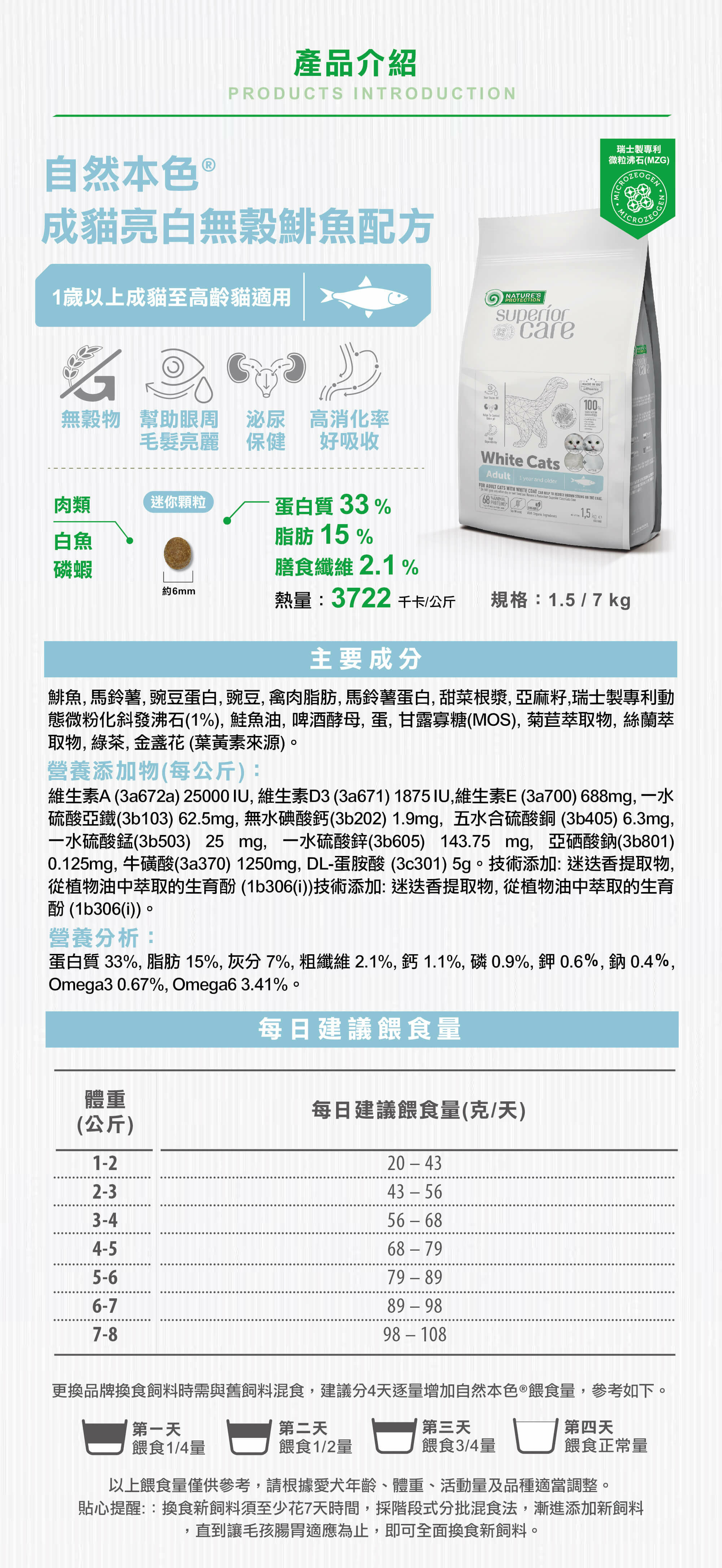 自然本色®成貓亮白無穀鯡魚配方【精選高品質魚蛋白質、鮭魚油麻籽脂肪酸】富含不飽和脂肪酸Omega-3&Omega-6,搭配獨家MZG,以及獨特比例脂肪酸、胺基酸、鋅、銅、生物素、生素B群,幫助毛髮中的蛋白角質化時提供充份營養、維持皮毛健康、保持眼毛髮亮麗。【含維生素和迷送香萃取物等抗氧化複合配方】有助於抵抗自由基對身體的傷害,幫助維持健康。【高消化率好吸收】幫助腸胃保健。