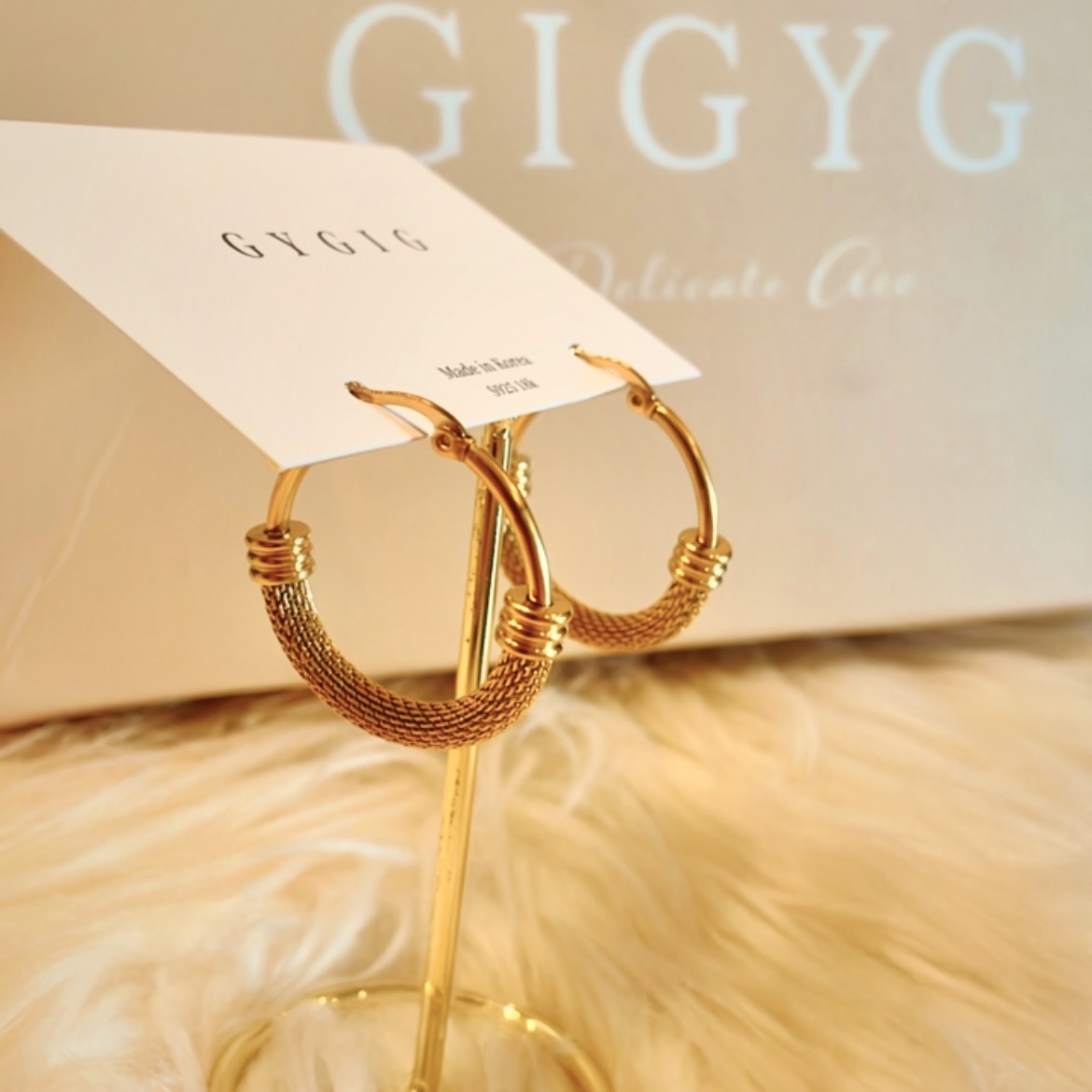 霧金編織羅馬圈耳扣釘/現貨1