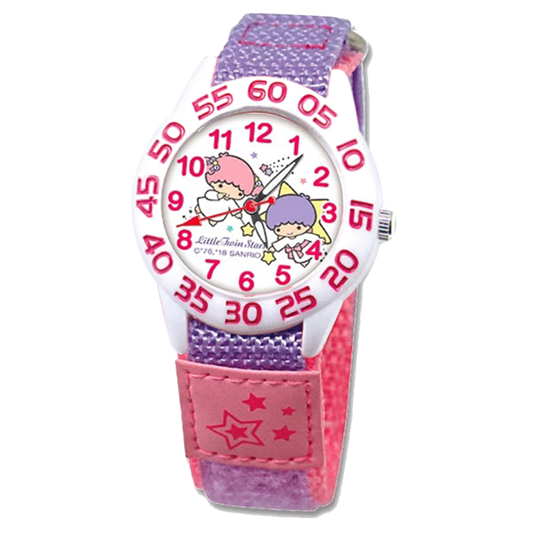 【三麗鷗】Kiki & Lala雙色尼龍自黏織帶錶 (紫粉)